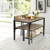4-Delige Keukentafel en Stoelenset Industriële Tafelset met 2 Stoelen en 1 Bank Metalen Frame en Opbergrek Grijs