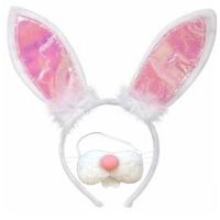 Paashaas/konijn oren diadeem roze/wit met tandjes/snuitje voor volwassenen - Verkleedhoofddeksels - thumbnail