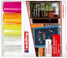 Edding krijtmarker e-4090 schuine punt etui van 5 stuks: 2 x wit, 1 x geel, 1 x oranje en 1 x roze