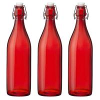 Bormioli rocco waterfles met beugeldop - Set van 3x stuks - rood transparant - 1000 ml - Giara home