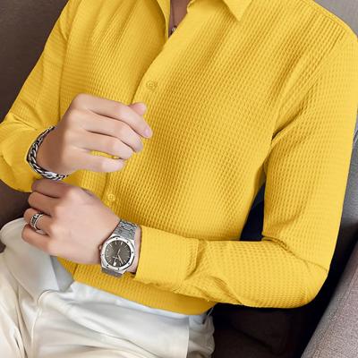 Bon&Bon Men's Waffle Knit Shirt - Black Long Sleeve Button Front Mustard Yellow / XXL