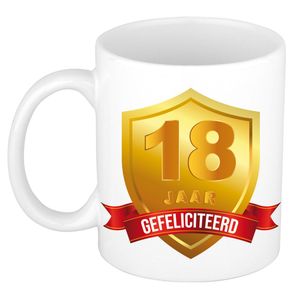 Gefeliciteerd 18 jaar jubileum/ verjaardag mok met gouden schild   -