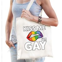 Kiss me Im gay regenboog katoenen tas wit - thumbnail