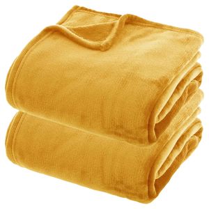 Fleece dekens/fleeceplaids - 2x - mosterdgeel - 180 x 230 cm - polyester - bankdeken