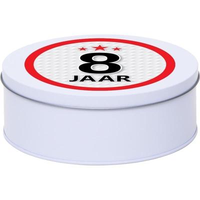 Leeftijd Snoeptrommel - koektrommel Cadeau - wit - rond blik - met 8 jaar sticker