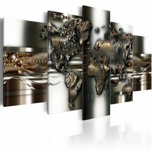 Schilderij - metalen wereld, wereldkaart , metaal look , 5 luik