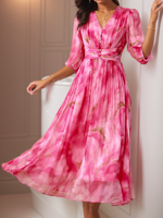Women's Half Sleeve Summer Pink Gradient Pattern Scramble V Neck Daily Vacation Maxi Dress