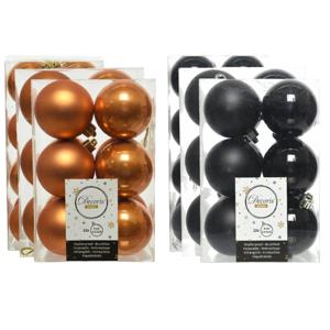 Kerstversiering kunststof kerstballen mix zwart/cognac bruin 4-6-8 cm pakket van 68x stuks - Kerstbal