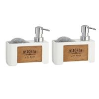 2x arte r zeeppompje/dispenser - met houder - kunststof-hout - wit - 15 x 6 x 13cm - navulbaar