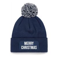 Kerst muts met pompom - Merry Christmas - navy blauw - one size - unisex - Kerstmuts
