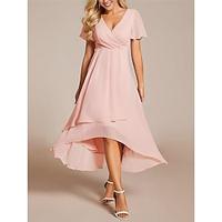 Dames Chiffon jurk Maxi-jurk Chiffon Ruche Werk Cocktailparty Elegant Formeel V-hals Korte mouw Zwart Wit Blozend Roze Kleur Lightinthebox