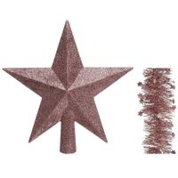 Kerstversiering kunststof glitter ster piek 19 cm en sterren slingers pakket oud roze van 3x stuks - thumbnail