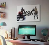 Games karakter op motor en staand naam canvas
