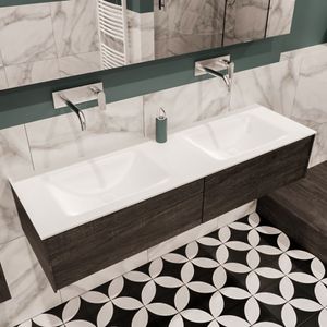 Mondiaz Lush Cloud badmeubel eiken donker bruin 150 cm 2 lades solid surface dubbele spoelbak zonder kraangat