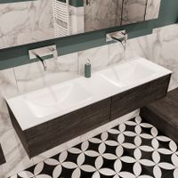 Mondiaz Lush Cloud badmeubel eiken donker bruin 150 cm 2 lades solid surface dubbele spoelbak zonder kraangat