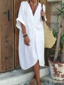 Women's Cotton Linen V-Neck Loose Comfortable Dress