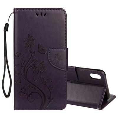 Reliëf Butterfly patroon horizontale Flip lederen draagtas met kaartsleuf & houder & portemonnee & Lanyard voor iPhone XR (donker paars)