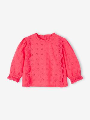 Meisjesblouse met ruches van Engels borduurwerk snoepjesroze
