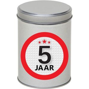 Zilver bewaarblik/opbergblik 13 cm met 5 jaar sticker