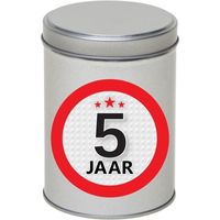 Zilver bewaarblik/opbergblik 13 cm met 5 jaar sticker - thumbnail