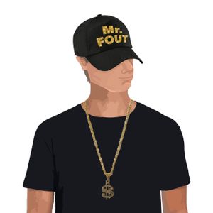 Mr. FOUT baseballcap zwart/goud heren en een gouden dollarketting