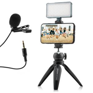 MOJOGEAR Video KIT / vlog set: Mini-statief + telefoonhouder + microfoon + lampje