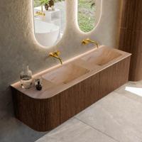 Badmeubel Mondiaz Kurve-Dlux | 155 cm | Meubelkleur Walnut | Wastafelkleur Saba | Solid surface | Dubbel / Rechts spoelbak | Zonder kraangat(en)