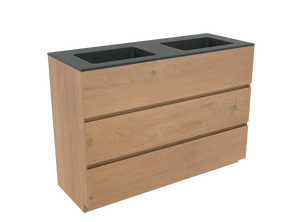 Storke Edge staand badkamermeubel 120 x 46 cm ruw eiken met Scuro dubbele wastafel in mat kwarts