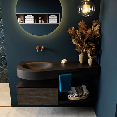 MONDIAZ RIVA 120cm badmeubel onderkast / planchet kleur Dark_Brown met 1 lade. Wastafel DULCET links 0 kraangaten kleur Urban.