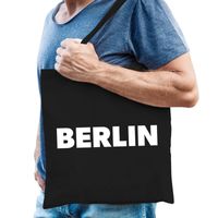 Berlijn schoudertas zwart katoen met Berlin bedrukking   - - thumbnail