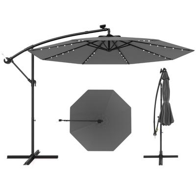 300 cm Grote Verplaatsbare Parasol met 40 Lampen & Zonnepanelen Marktparasol Verlichte Vrijstaande Parasol voor Tuin Grijs