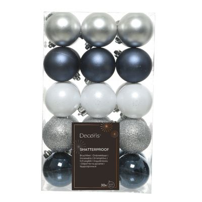 Decoris kerstballen - 30x - kunststof - donkerblauw/wit/zilver - 6 cm Decoris kerstballen - 30x - kunststof - donkerblauw/wit/zilver - 6 cm
