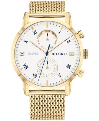 Tommy Hilfiger Goudkleurig roestvrijstalen mesh-armbandhorloge voor heren, 44 mm