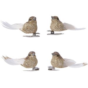 8x Decoratie glitter vogeltjes goud op clip 5 cm