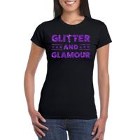 Bellatio Decorations Verkleed T-shirt dames - glitter and glamour - zwart - paars glitter - carnaval 2XL  - - thumbnail