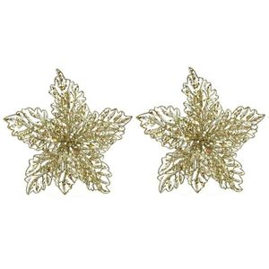 2x Kerstboomversiering op clip gouden glitter bloem 23 cm