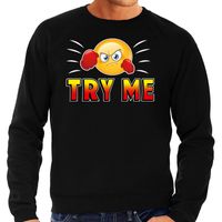 Funny emoticon sweater Try me zwart heren - thumbnail