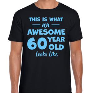 Cadeau T-shirt voor heren - leeftijd 60 jaar - awesome - zwart - glitter blauw - Verjaardagsfeest