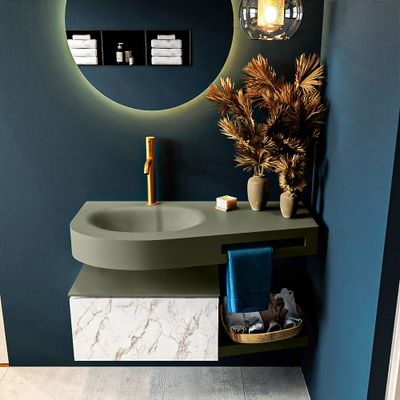 MONDIAZ RIVA 100cm badmeubel onderkast / planchet kleur carrara met 1 lade. Wastafel DULCET links 1 kraangat kleur Army. MONDIAZ RIVA 100cm badmeubel onderkast / planchet kleur carrara met 1 lade. Wastafel DULCET links 1 kraangat kleur Army.