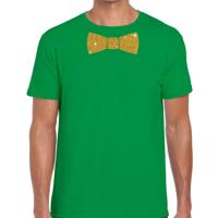 Feestkleding t-shirt - met gouden strikje - groen - voor heren - vlinderdas - glitter and glamour