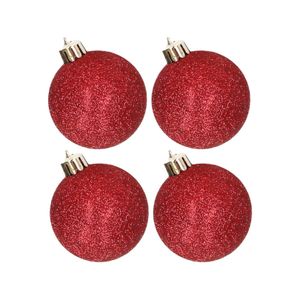 4x stuks kunststof glitter kerstballen rood 10 cm