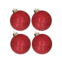 4x stuks kunststof glitter kerstballen rood 10 cm