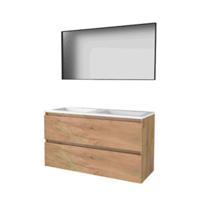 Basic-Line Framed 46 Badkamermeubelset - 120 x 46 cm - Greeploos - 2 Lades - Acryl Wastafel - 2 Kraangaten - Spiegel met Zwart Aluminium Frame - Whisky Oak