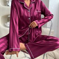 Coral Pink Satin Pyjama Set - Elegant 2-Piece Long Sleeve Sleepwear Hot Pink / S