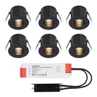 Set van 6 Betty LED Mini Inbouwspots met Trafo - 12 Volt 3 Watt 140 lumen - Verzonken - Plat 37mm - 2700K - IP44 waterdicht - Niet Dimbaar - Zwart
