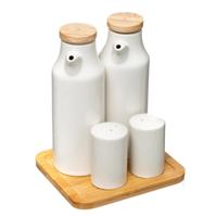 5Five Azijn/Olie flessen tafelset - met peper/zout vaatjes - keramiek/bamboe - wit