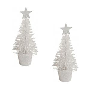 Kerstboompje - 2x - glitter wit - klein - 15 cm - kerstversiering