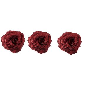 3x Kerstversieringen glitter roos rood op clip 18 cm   -