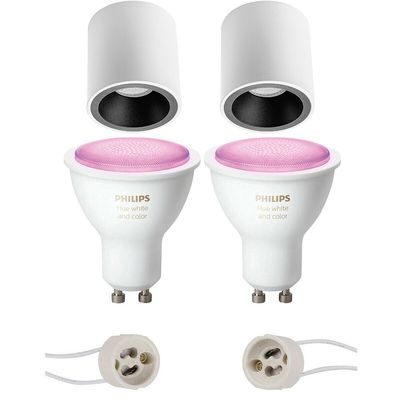 Pragmi Cliron Pro - Opbouw Rond - Mat Wit/Zwart - Verdiept - Ø90mm - Philips Hue - Opbouwspot Set GU10 - White and Color Ambiance - Bluetooth
