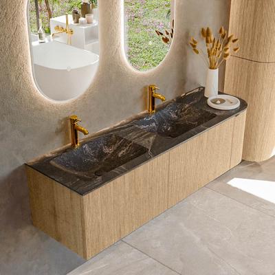 Badmeubel Mondiaz Kurve-Dlux | 155 cm | Meubelkleur Oak | Wastafelkleur Lava | Solid surface | Dubbele spoelbak | 2 kraangaten
